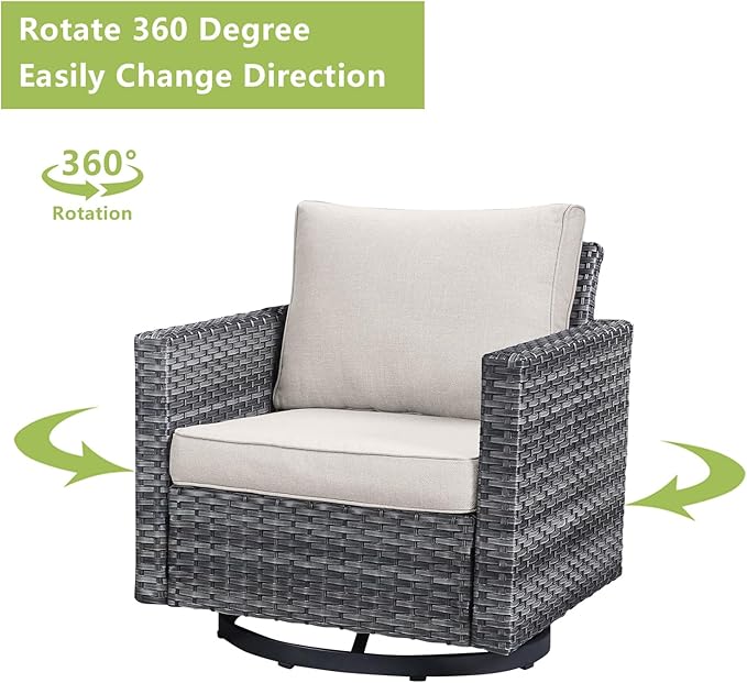 Wicker Outdoor Patio Furniture Set - 5 Piece Patio Conversation Set with 2 Swivel Rocker Chairs,2 Rattan Ottoman and 1 Metal Side Table for Outside Porch Deck Backyard Garden(Mixed Grey/Beige)
