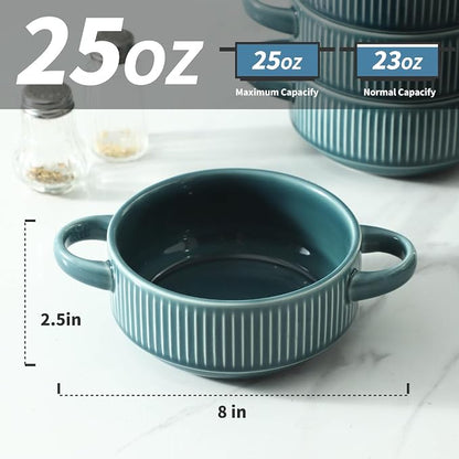 Soup Bowls with Handles, 23 oz French Onion Soup Crocks, Stackable Soup Bowl Oven Safe for Chili, Beef Stew, Embossment Ceramic Bowl Set - 5.4 Inch, Set of 4,Light blue