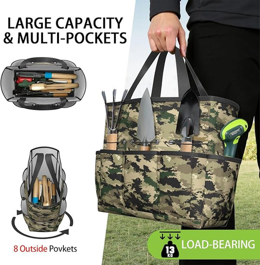 Green Camo Garden Tool Bag - Waterproof Garden Tote with 8 Pockets, Large Storage Home Organizer Gardening Tool Oxford Bag for Garden Tools Kits Holder, Ideal Outdoor Gardening Gift for Women & Men