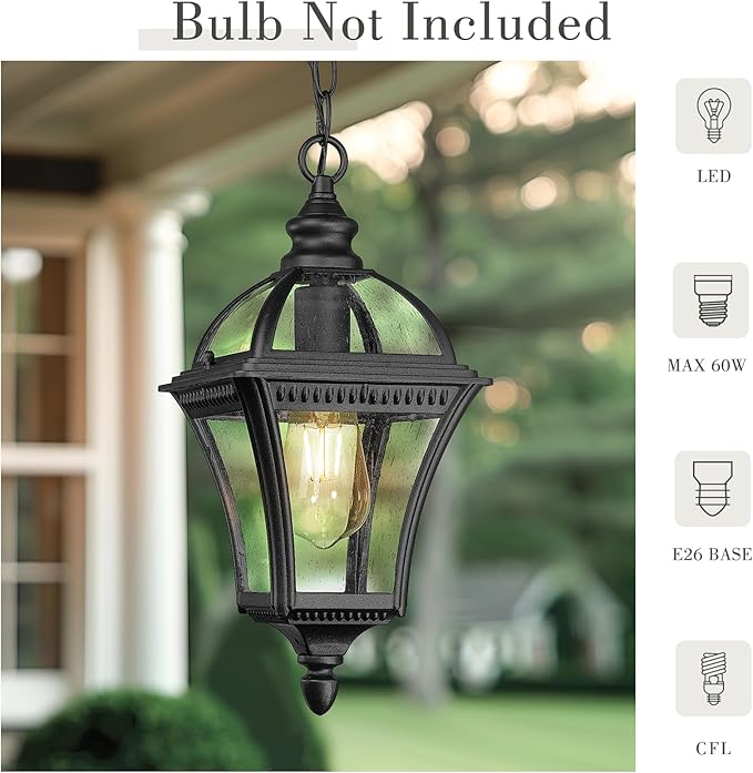 Emliviar Modern Outdoor Hanging Porch Light, 15.8" Black Pendant Lantern with Water Ripple Glass, Outdoor Ceiling Pendant Lamp for Patio, Entryway, XE266H-S BK
