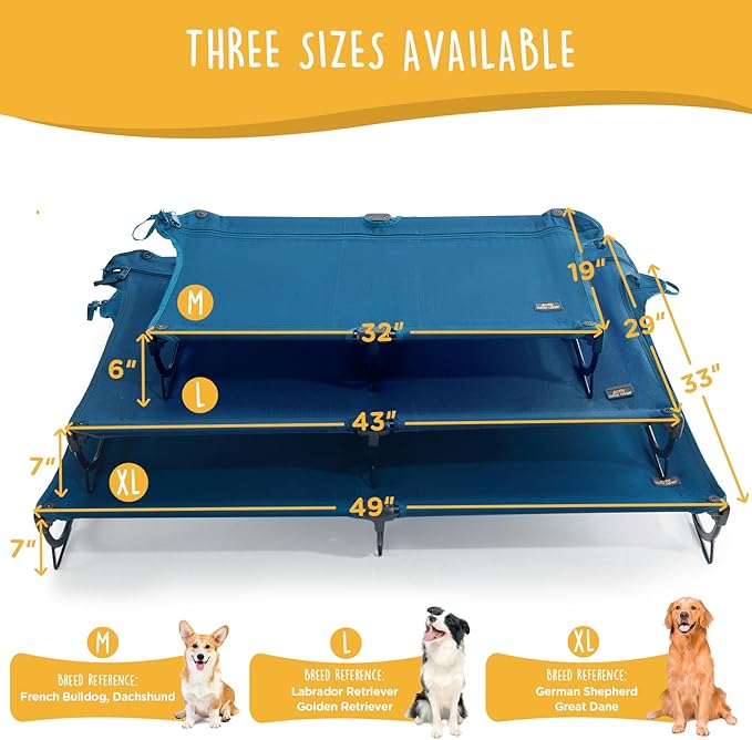 Daisy Cot, Medium Foldable Elevated Dog Bed, Portable Raised Outdoor Folding Dog Cot, Cooling, Chew Proof, Waterproof, Heavy Duty Up to 160 Lbs for Camping/Home, Dark Blue, 32"x 19"x6"