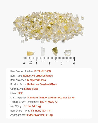 VEVOR Fire Glass, 10 LBS / 4.5 KG High-Temperature Resistant Fireplace Rocks, 1/2-Inch / 12.7 mm Reflective & Smokeless Firepit Glass Rock, High Luster Stone Landscaping for Fire Pit Table, Gold