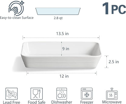 ONEMORE Ceramic Baking Dish, 9x13 Baking Pan Casserole Dish Large Rectangular Baking Dishes for Oven Deep Dish Lasagna Pan for Family Meals Ribbed White Bakeware for Roasting & Serving