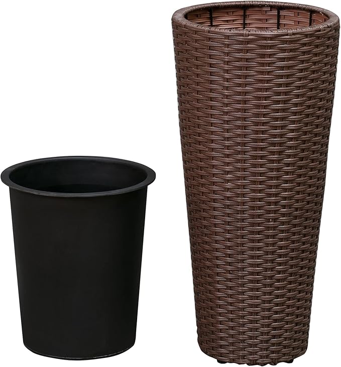 Balkene Home Noah Round Wicker Planter Tall Planter Decor Box for Adaptable Outdoor Furnishings All Weather Versatile Perfect Patio Herb Garden Living Space - 2 Piece Set - Mocha