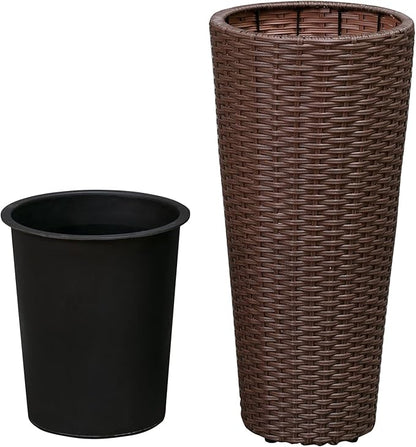 Balkene Home Noah Round Wicker Planter Tall Planter Decor Box for Adaptable Outdoor Furnishings All Weather Versatile Perfect Patio Herb Garden Living Space - 2 Piece Set - Mocha