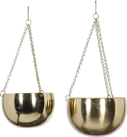 Deco 79 Metal Indoor Outdoor Wall Planter Indoor Outdoor Hanging Dome Hanging Planter with Chain, Set of 2 Plant Hanger 5", 6"H, Gold