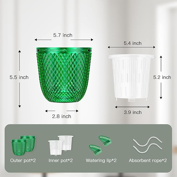 QCQHDU 2 Pack Self Watering Pots, 5.7 Inch Flower Pots with Drainage Holes and Water Filling Port, Plastic Garden Planter for Indoor Outdoor Plants (Emerald)