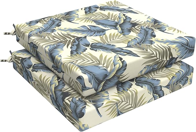 LVTXIII Outdoor Chair Cushions, Fade-Resistant Patio Furniture Cushions Outdoor Chair Pads with Ties for Dining Chairs and Garden Furniture Use, 22"x22"x3" Pack of 2, ‌Lush Palm Blue