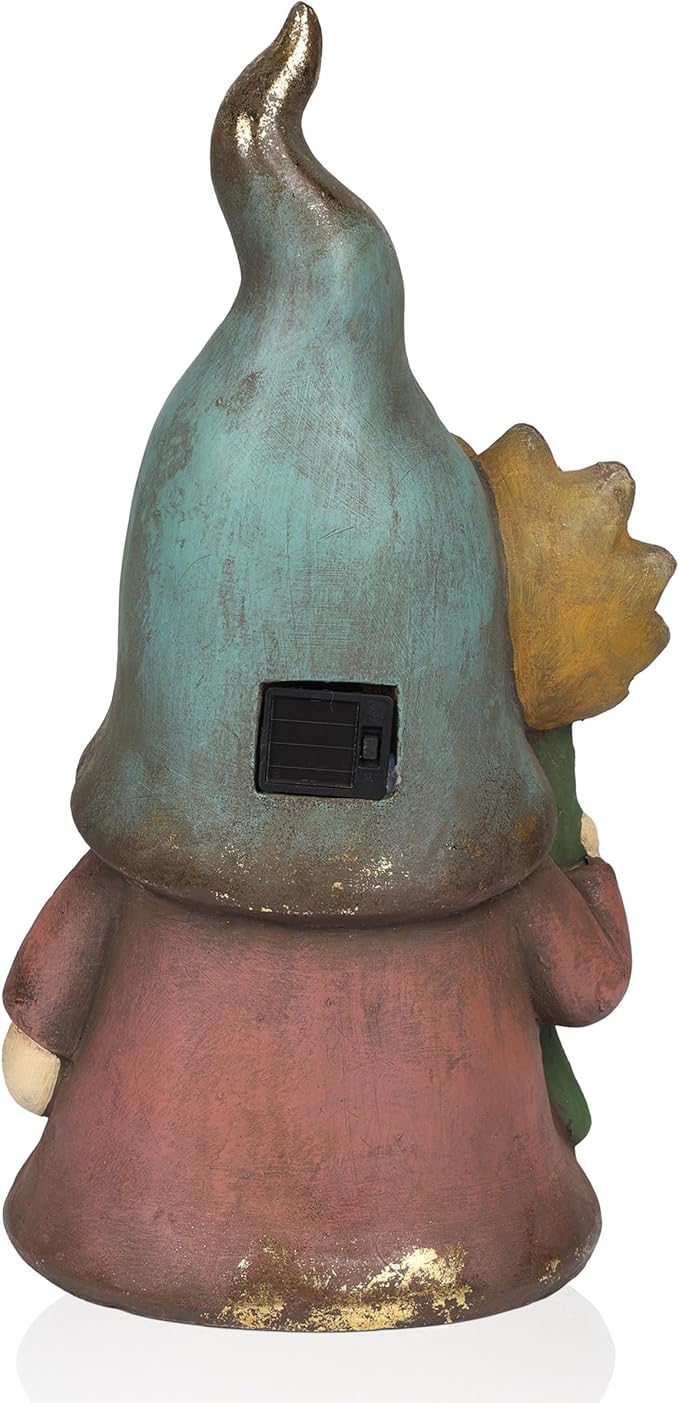 Alpine Corporation MCC852SLR Solar Gnome Holding Flower with Turquoise Hat Statue, Stylish Décor for Garden, Patio, & Lawn, 18" H, Multicolor