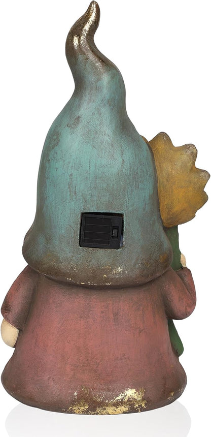 Alpine Corporation MCC852SLR Solar Gnome Holding Flower with Turquoise Hat Statue, Stylish Décor for Garden, Patio, & Lawn, 18" H, Multicolor