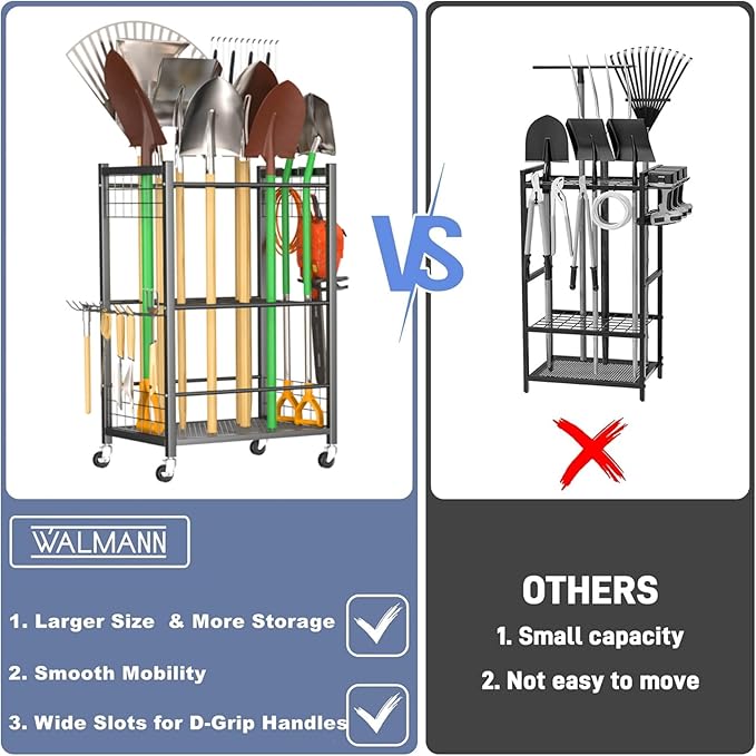 WALMANN Garden Tool Organizer with Wheels for Garage, Rakes/Shovels/Yard Tools Storage Stand for Garden, Yard, Indoor/Outdoor Long-Handled Tools Rolling Cart(Tool stand)