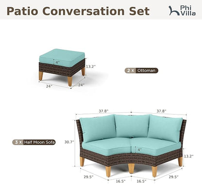 PHI VILLA 4-Piece Curved Patio Furniture Set, Half-Moon Wicker Sectional Furniture Sofa Set for 8 Seats with Cushioned 3 x Curved Sectionals and 2 x Ottoman, Aqua Blue