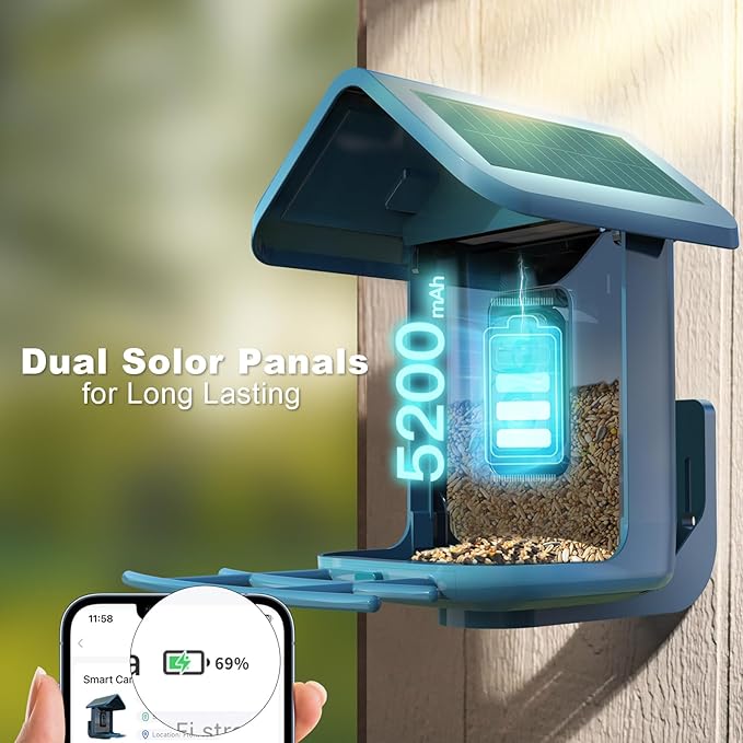 Bird Feeder with Camera Solar Powered : Smart Camera Bird Feeder 2K Live Steam for Outdoor, 5MP Photos, AI Identify Auto Capture Videos, 1.8L Large Capacity, Gifts for Birdlover Mom Dad