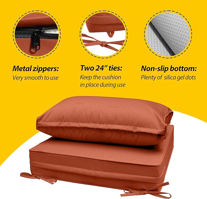 AAAAAcessories Outdoor Seat Cushions for Chairs, Fade-Resistant, Waterproof Patio Furniture Replacement Cushions, 25.5" x 25.5" x 5" + 25.5" x 13.5", Rust