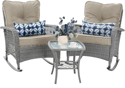 Patio Furniture Set 3 Pieces, Rocking Bistro Set with Thick Cushions, Grey Wicker Outdoor Rocker Chairs and Coffee Table for Porch, Backyard or Garden (Grayish White)