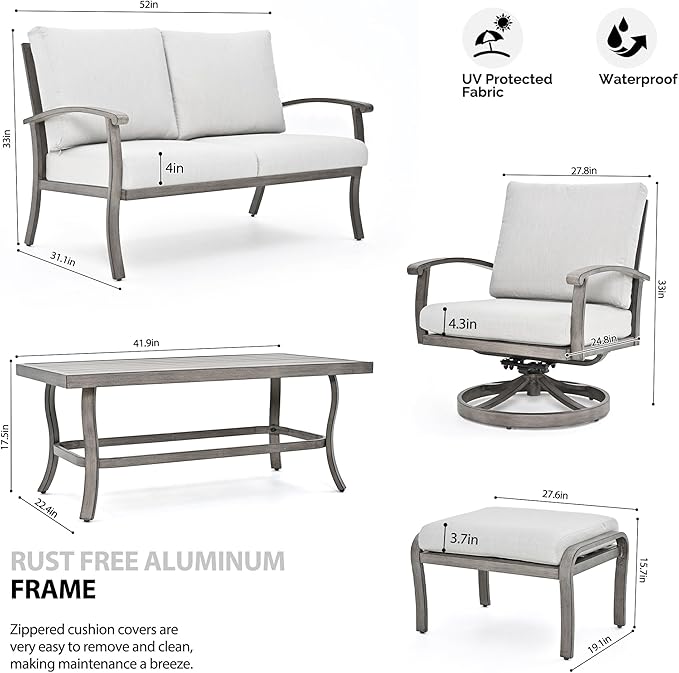 HAPPATIO 6 Piece Aluminum Patio Furniture Set, Outdoor Swivel Armchairs with Ottomans and Loveseat, All-Weather Outdoor Sectional Sofa with Comfortable Cushions and Coffee Table(Gray)