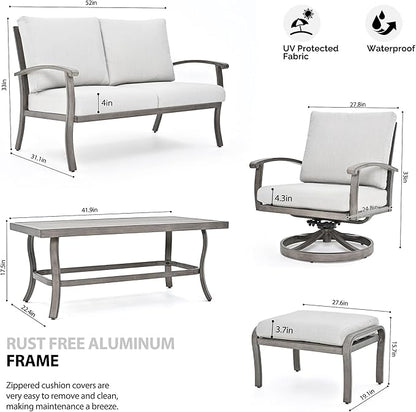 HAPPATIO 6 Piece Aluminum Patio Furniture Set, Outdoor Swivel Armchairs with Ottomans and Loveseat, All-Weather Outdoor Sectional Sofa with Comfortable Cushions and Coffee Table(Gray)