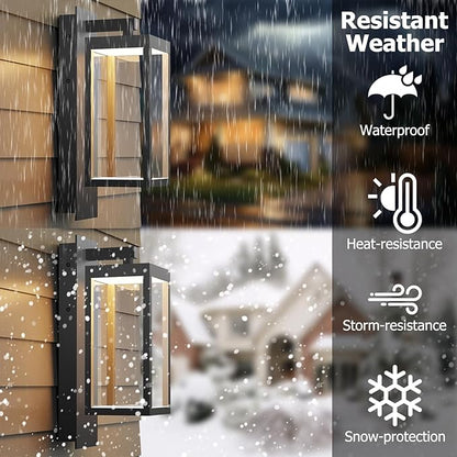 Outdoor Wall Sconce, Dusk to Dawn Outdoor Wall Lights, Waterproof Porch Lanterns Decorative, Anti-Rust Exterior Light in Wood Grain Finish & Black Finish for House Patio Garage Entryway Doorway