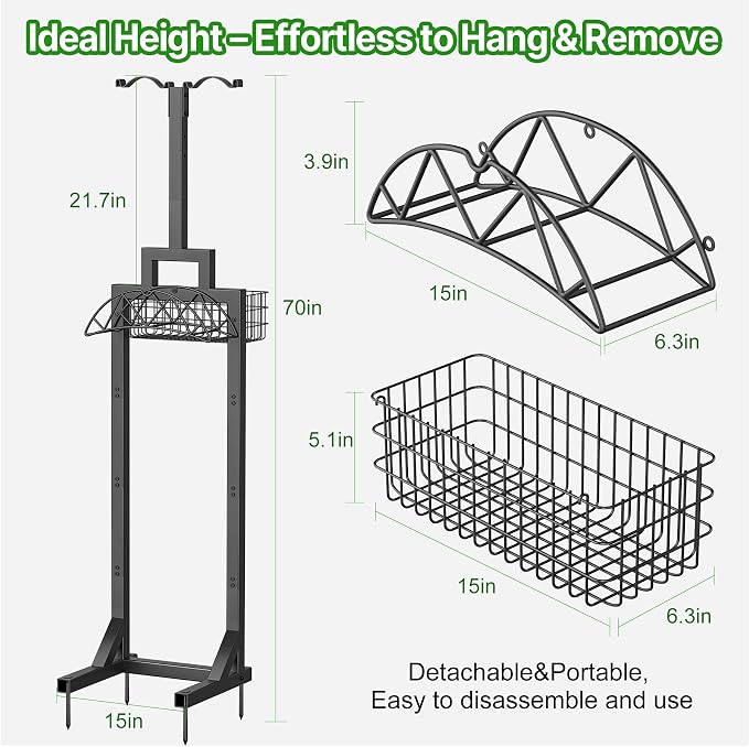 Garden Hose Holder, Water Hose Holders for Outside with Storage Basket & 2 Shepherds Hooks, Detachable Garden Hose Holder Freestanding, Heavy Duty Hose Holder Supports 150ft Hoses