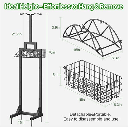 Garden Hose Holder, Water Hose Holders for Outside with Storage Basket & 2 Shepherds Hooks, Detachable Garden Hose Holder Freestanding, Heavy Duty Hose Holder Supports 150ft Hoses