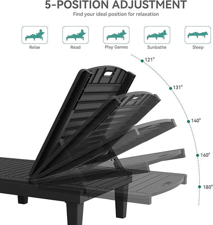 YITAHOME Outdoor Chaise Lounge Chair, Plastic Pool Chaise Lounge with 5-Position Backrest, Easy Assembly & Waterproof for Patio & Poolside, Set of 2, Black