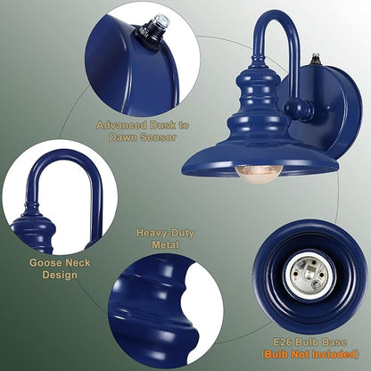 LONEDRUID Dusk to Dawn Sensor Outdoor Gooseneck Barn Light Fixtures Blue Exterior Wall Sconce Lighting Rustic Outside Porch Lantern Farmhouse Wall Mount Lamp for House Garage Patio