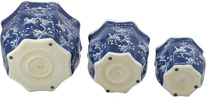 Galt International White & Blue Crane Round Fluted Floral Porcelain Ceramic Plant Flower Planter Pot Set of 3 (7.5", 10", 13") Garden Pots Chinese Asian Design