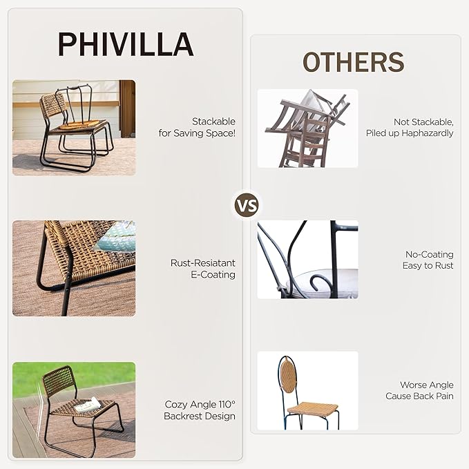 PHI VILLA 3 Pieces Outdoor Wicker Bistro Set for 2, Stackable Rattan Chairs & Acacia Wood Round End Table, Small Teak Conversation Furniture Set for Patio, Deck, Yard, Porch, Balcony