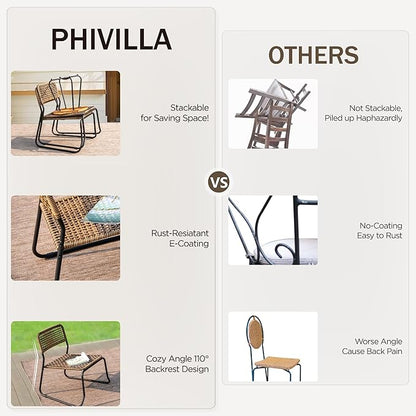PHI VILLA 3 Pieces Outdoor Wicker Bistro Set for 2, Stackable Rattan Chairs & Acacia Wood Round End Table, Small Teak Conversation Furniture Set for Patio, Deck, Yard, Porch, Balcony