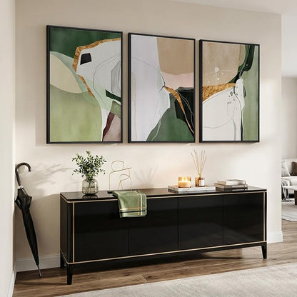 Large Framed Green and Beige Abstract Wall Art for Living Room, 3 Piece Modern Canvas Prints Paintings, Abstract Color Block Pictures for Living Room Dining Bedroom Hallway Office Wall Decor 24x36 In