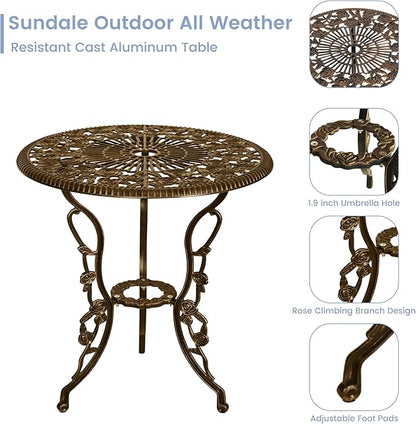 3 Piece Patio Bistro Table Set, Outdoor Stylish Rose Flower Bistro Set with Umbrella Hole, Small Cast Aluminum Table and Chairs Set for Balcony Furniture, Dark Bronze