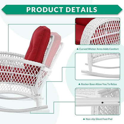 VIVIJASON Outdoor Wicker Rocking Chair, Patio Rattan Rocker Chair with Cushions & Steel Frame, All-Weather Rocking Lawn Rattan Furniture for Garden Backyard Porch (White Wicker/Red)