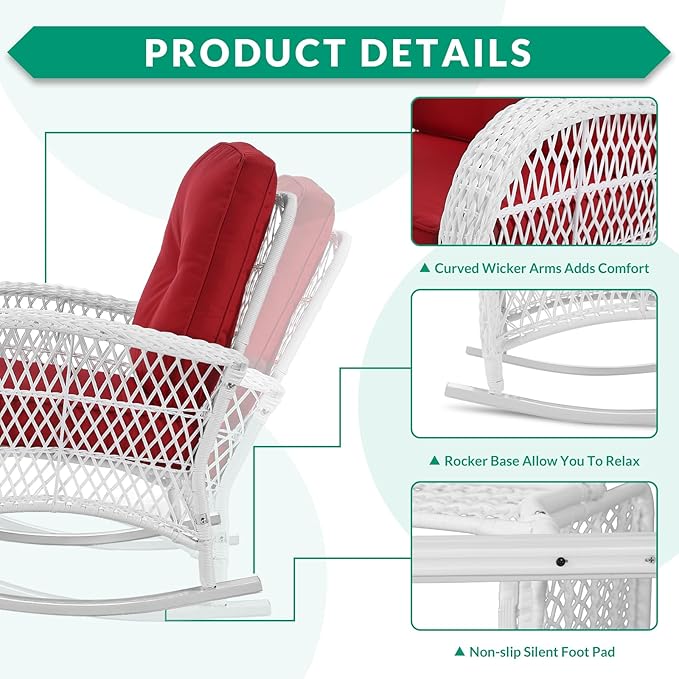 VIVIJASON 3-Piece Outdoor Conversation Bistro Set, Patio Wicker Rocking Chairs Rattan Furniture Sets w/ 2 Rattan Chairs, Cushions, Glass Top Side Table for Garden Porch Backyard (White Wicker/Red)