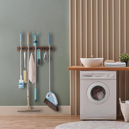 OUTNILI Mop and Broom Holder Wall Mount - Wood Broom Mop Hanger - Wall Mounted Garden Tool Rack Organizer for Closet Garage Laundry Room for Rustic Kitchen Decor With 5 Slots & 4 Hooks