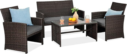 Best Choice Products 4-Piece Outdoor Wicker Patio Conversation Furniture Set for Backyard w/Coffee Table, Seat Cushions - Brown/Stone Gray