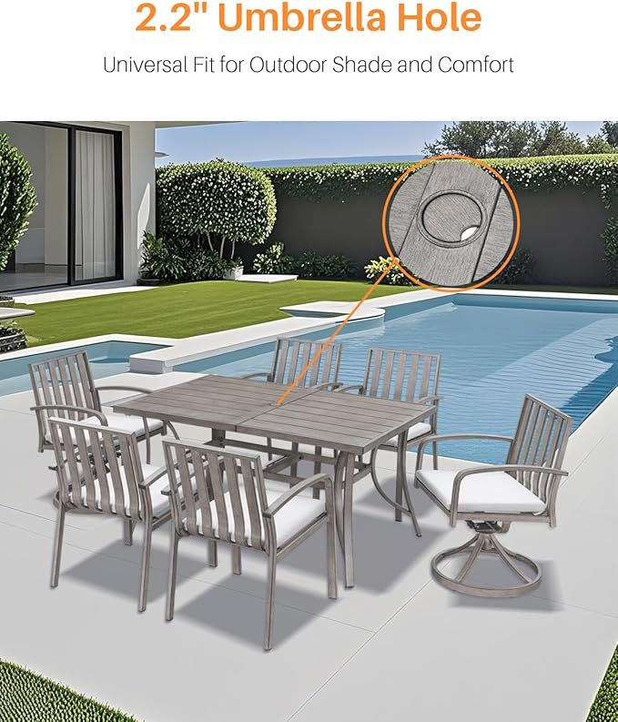 Aluminum Patio Dining Table for 6, Limed Oak Outdoor Rectangle Dining Table with Umbrella Hole, Rustproof 6 Person Outdoor Dining Tables for Backyard, Deck, Garden, Poolside, Porch