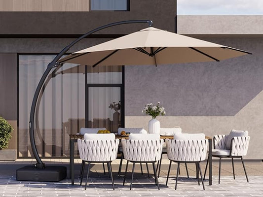 Kingdura 12ft Offset Cantilever Patio Umbrella with Base Included, Large Round Aluminum Outdoor Umbrella, 360° Rotation & Infinite Tilt, Heavy Duty Frame for Deck Pool Backyard, Beige