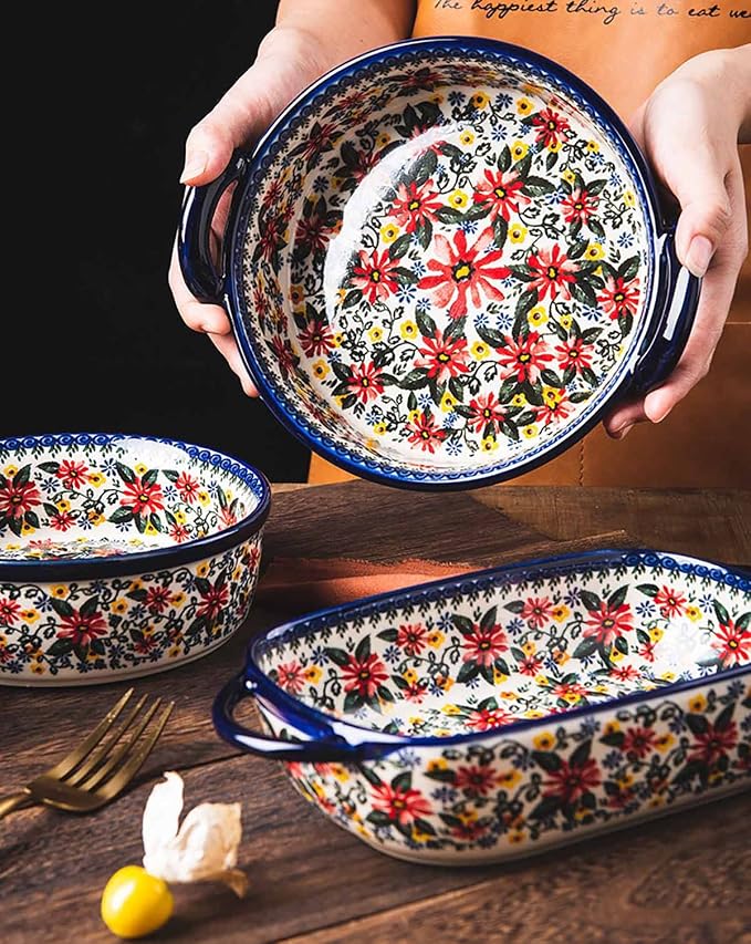 Red Daisy Flower Vintage Style Ceramic Bakeware Casserole Dish Baking Pan Lasagna Pans Baking Dish with Handles for Oven/Cooking/Kitchen-1 PCS, 32 OZ