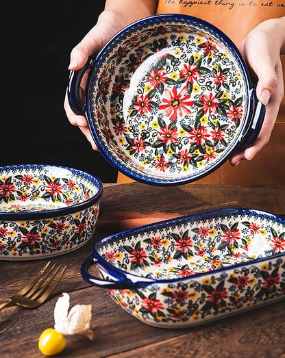 Red Daisy Flower Vintage Style Ceramic Bakeware Casserole Dish Baking Pan Lasagna Pans Baking Dish with Handles for Oven/Cooking/Kitchen-1 PCS, 32 OZ
