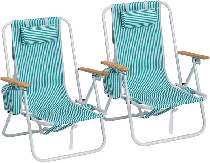 Outvita 2 Pack Folding Beach Chair, 4 Position Adjustable Reclining Lounge Chair with Padded Headrest, Large Rear & Side Storage Pockets, Lightweight Portable Outdoor Chair for Beach Pool Garden BBQ