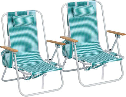 Outvita 2 Pack Folding Beach Chair, 4 Position Adjustable Reclining Lounge Chair with Padded Headrest, Large Rear & Side Storage Pockets, Lightweight Portable Outdoor Chair for Beach Pool Garden BBQ