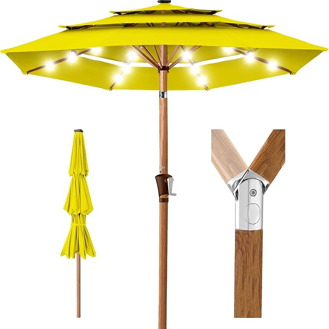 Best Choice Products 10ft 3-Tier Solar Patio Market Umbrella, Outdoor Sun Shade for Backyard, Deck, Poolside, Table w/Woodgrain Pattern, LED Lights, Tilt Adjustment - Yellow