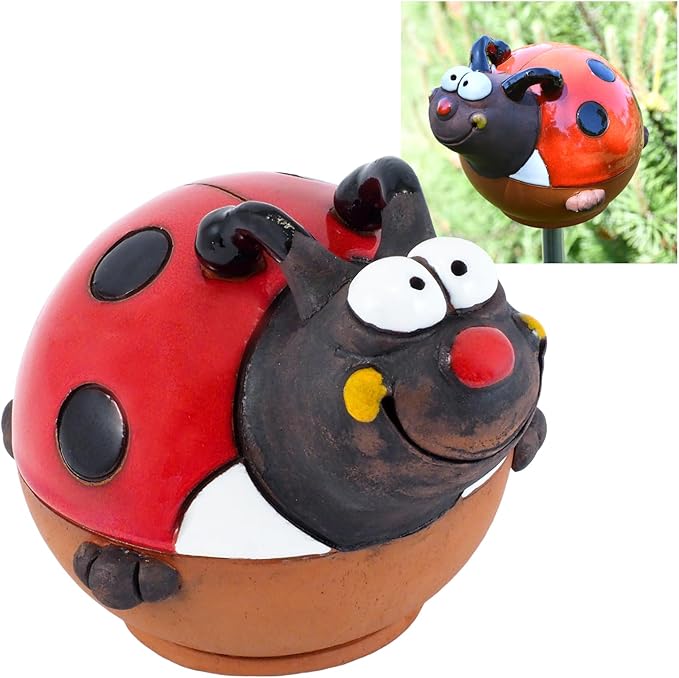 Ceramic Garden Decor - Ladybird Lawn stake - Outdoor statue - Perfect, unique gifts for gardeners woman, men, yard gifts - Handmade, Frostproof