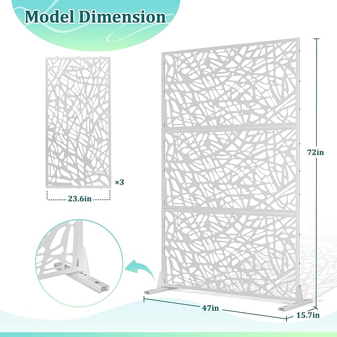 Metal Privacy Screen Outdoor Privacy Screen, Freestanding Fence Panel for Outside, 72''H×47''W, Decorative Screen Panel for Backyard/Patio/Deck