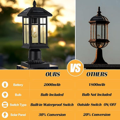 Solar Post Lights 2 Packs, Waterproof Post Lantern with Pier Mount Base, Aluminum Post Lamp Warm White Bulb Included for Yard Garden Pillar Pole Pathway