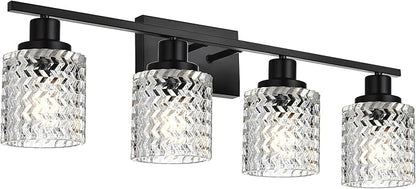 MELUCEE Matte Black Vanity Light 4 Lights Modern Bathroom Light Fixtures with Hammered Glass Shade, Indoor Metal Wall Lights for Powder Room Hallway Kitchen, E26 Base