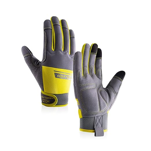 HANDLANDY Work Gloves Mens & Women, Utility Safety Mechanic Working Gloves Touch Screen, Flexible Breathable Yard Work Gloves (X-Large (Pack of 1), Grey&Yellow)