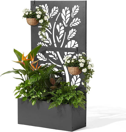 VINGLI Metal Raised Garden Bed with Trellis, Outdoor Planter Box for Climbing Vegetables, Fruits and Flowers, Privacy Screen, for Backyard, Patio, Balcony (Tropical)