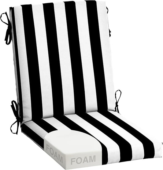 Arden Foam Outdoor Dining Chair Cushion, 20 x 44, Premium High-Density Foam, Never Flattens, Weather-Proof for Outdoor Chairs, Black Cabana Stripe
