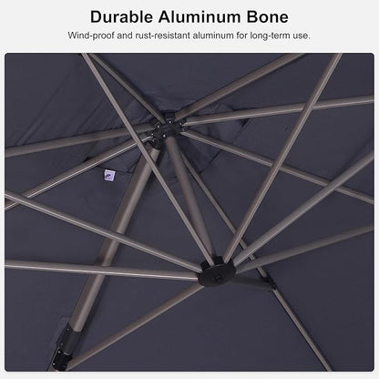 PURPLE LEAF 9' x 11' Patio Umbrella with Base Cantilever Umbrella Rectangular Outdoor Offset Umbrella with Champagne Frame and 360° Rotation for Garden Deck Pool, Light Grey